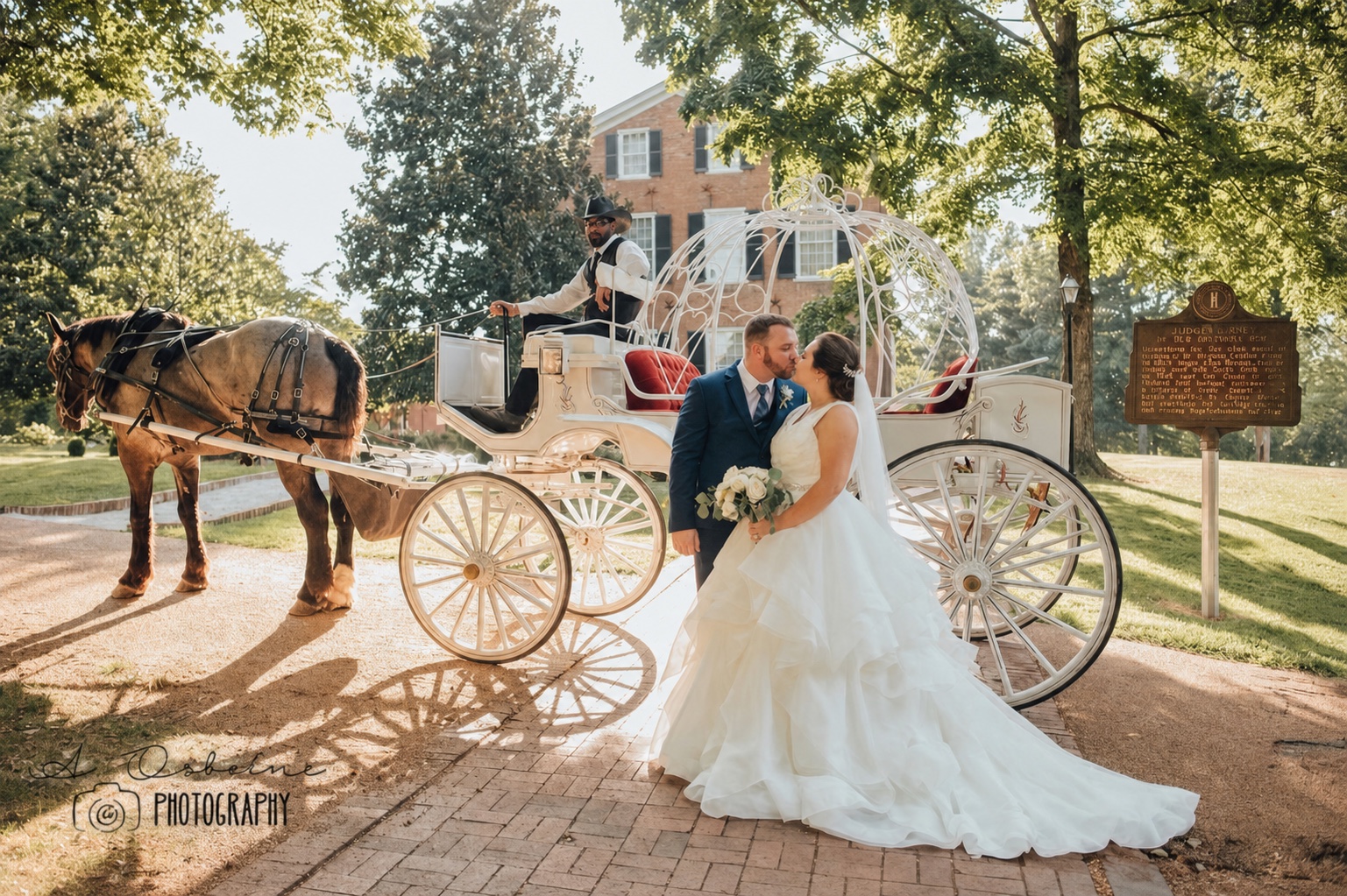 Bride and groom beside a white horse-drawn wedding carriage.